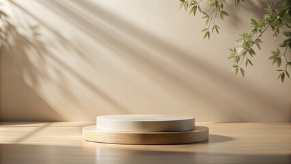 Poster - Minimalist wooden podium with a white circular platform, illuminated by sunlight streaming through the leaves of a plant, creating a soft and inviting display space