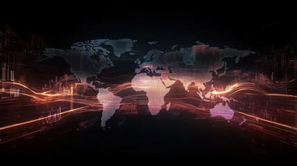 Poster - Abstract digital world map with glowing lines and data streams