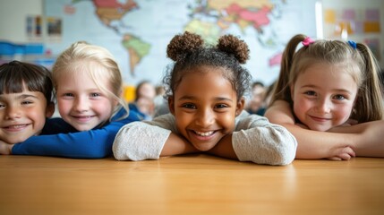 Children smiling at classroom table, diverse friends enjoying playtime, educational environment, learning together with world map in background for school projects.
