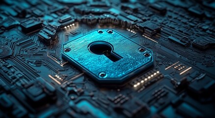 Aufkleber - a digital lock and network data are covered by a shield to denote robust security. striking light so