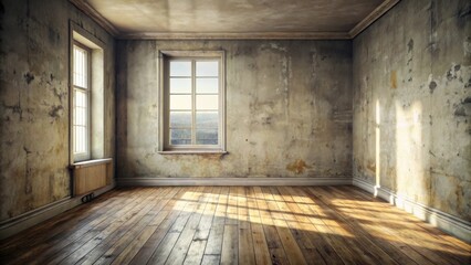 Poster - A Room With A View Through A Window In A Worn, Dilapidated Building With Dappled Sunlight Streaming Through The Room