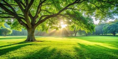 Aufkleber - A Majestic Tree Stands Tall in a Sunlit Meadow, Its Canopy Casting Shadows on the Lush Green Grass