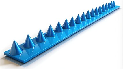 Leinwandbilder - A row of blue cones on a blue surface, each one pointing upwards, with the largest cone at the back and the smallest cone at the front, creating a sense of depth and perspective.