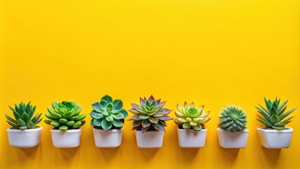Poster - Succulents arranged in a row against a bright yellow background, creating a minimalist and vibrant scene.
