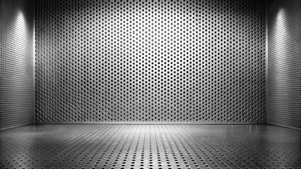 Fototapete - A metallic room with a perforated wall and floor, illuminated by two spotlights, creating a sense of depth and industrial aesthetic.