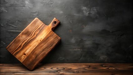 Poster - A Rustic Wooden Cutting Board Leans Against a Dark Textured Wall, Creating a Dramatic and Inviting Culinary Scene