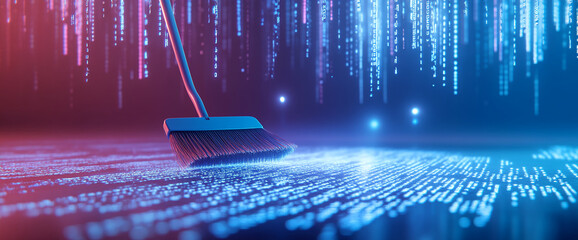 Poster - Broom cleaning digital binary code data in futuristic technology scene, symbolizing data cleaning, data processing, and the digital transformation of information systems.