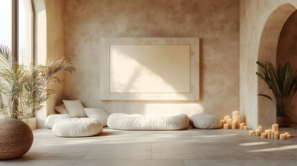 Poster - Frame mockup close up a tranquil beige room with candles arranged nearby Soft shadows and cozy textures complement the inviting space in this 3D render of modern relaxation