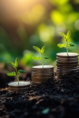 Wall Mural - Coins, plants and growth concept with seedlings growing on stacks of coins, symbolizing investment, savings, finance and sustainable wealth development.