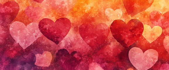 Poster - Watercolor hearts in shades of red, orange, and pink scattered across a soft background, representing love and affection, perfect for Valentine's Day and romantic celebrations.