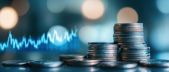 Fototapete - Coins stacked on a table with digital financial graphs in background, representing investment growth, market trends, and economic analysis in finance.