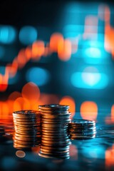 Fototapete - Coins stacked with dynamic stock market charts in background, symbolizing financial investment, trading trends, economic growth, and market analysis success.