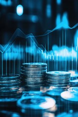 Fototapete - Coins stacked with data analytics graph overlay, representing investment trends and financial growth. Ideal for finance, cryptocurrency, and economic strategies.