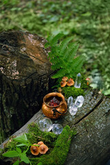 Wall Mural - witch cauldron, crystal balls and towers on stump in forest, natural background. occultism, magic ritual, witchcraft. wicca, esoteric spiritual practice. fairytale, mystery atmosphere.