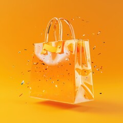 Wall Mural - Transparent Plastic Gift Bag Mockup with Glossy Highlights, Elegant Ribbon Handles, and Floating Confetti, Isolated on a Bright Orange Background, Photorealistic Rendering