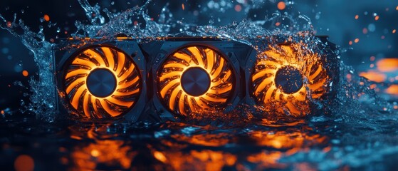 Fototapete - Cooling fans with vivid orange lights surrounded by water droplets, showcasing technology and efficiency in electronic devices or gaming setups. High-performance cooling systems.