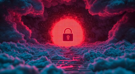 Aufkleber - in a moody style and low contrast, a digital lock and data network with stormy skies and intense dra