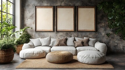 Poster - Frame mockup a modern home interior with multiple angles featuring contemporary decor Minimalist furniture wooden accents and soft color tones create a calm and inviting atmosphere in this 3D render