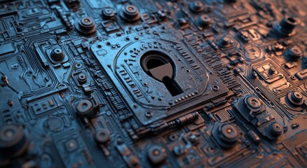 Aufkleber - in a high-contrast black and white setting, a cybersecurity lock icon is placed against a digital ci