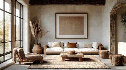 Poster - Frame mockup a modern home interior with multiple angles featuring contemporary decor Minimalist furniture wooden accents and soft color tones create a calm and inviting atmosphere in this 3D render