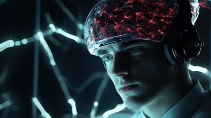 Poster - Futuristic portrait of a man with a neural headset, exploring technology