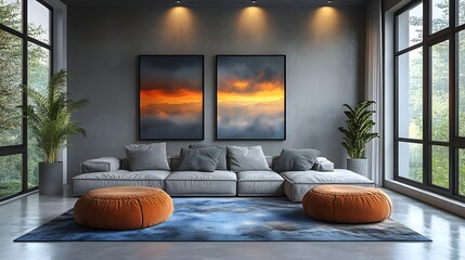 Poster - Frame mockup a modern home interior displayed from different angles The space features sleek furniture soft lighting and large windows creating a bright and minimalistic atmosphere in this 3D render