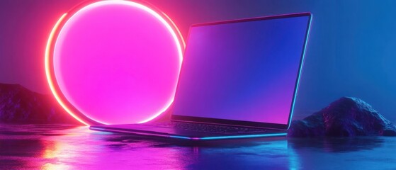 Poster - Futuristic laptop with glowing neon circle in vibrant setting
