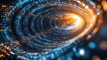 Poster - Abstract swirling vortex of light and energy, glowing tunnel with blue and orange particles.