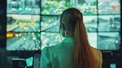 Poster - Woman monitoring traffic flow in a control room at night