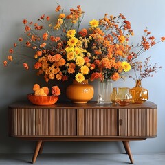 Poster - Fresh blooms bright orange and yellow beautifully arranged atop a wooden sideboard surrounded by geometric decor and a retro glass dish captured from a frontal angle showcasing the vibrant colors