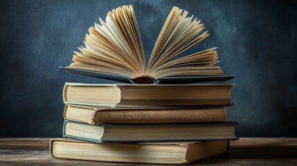 Aufkleber - Open book on a stack of old books against a dark background.