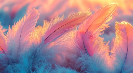 Poster - macro photography of ethereal feathers bathed in soft pink tones and delicate light rays produces an