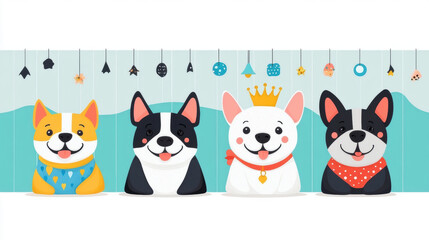 Wall Mural - Dog in fancy outfit, illustration, A whimsical illustration of dogs dressed as princesses, featuring a tiara, in a flat design style.