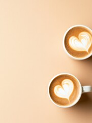 Two cups of frothy coffee with heart-shaped latte art sit against a soft peach background, ideal for promoting coffee culture, cozy atmospheres, or romantic settings in cafÃ©s and lifestyle blogs,