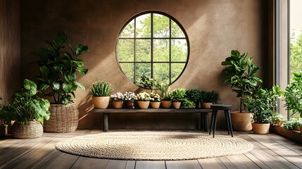Poster - Frontfacing view of botanic living room interior with flowerpots on a wooden stand a black stool near the brown wall and personal accessories enhancing the cozy natural vibe of the space