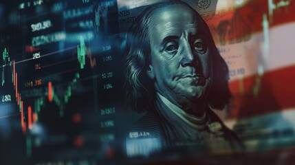 Fototapete - Financial analysis and stock market trends with Benjamin Franklin portrait overlay, showcasing digital charts and investment strategies in economic growth.