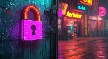 Poster - A neon-lit cyberpunk city street under a purple sky on a rainy night, with reflective puddles glinting and a holographic padlock, symbolizing digital security in a futuristic urban setting filled