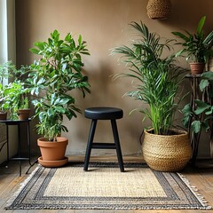 Poster - Front view of cozy botanic living room with plants in stylish flowerpots a wooden stand a black stool and personal accessories decorating the space all placed against a brown wall backdrop