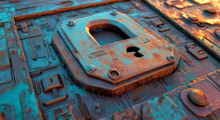 Aufkleber - In an abstract tech landscape, a glowing blue padlock represents cybersecurity concept and network protection, set against a digital circuit background with neon blue light and futuristic technology
