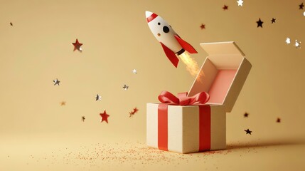 Aufkleber - Rocket launching from a gift box, confetti, stars.