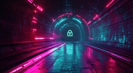Poster - Glowing padlock hologram as a centerpiece of the cybersecurity concept, overlaid on a digital circuit background in a blue and orange palette, showcasing futuristic technology and data protection,