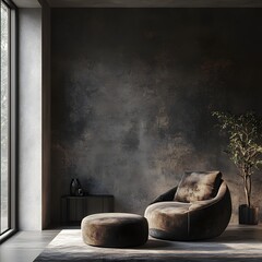 Poster - Home interior featuring dark room with minimal furniture and an empty wall mockup seen from a side angle highlighting the subtle textures and shadows creating a calm ambiance in this 3D render