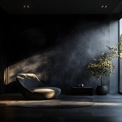 Poster - Home interior featuring dark room with minimal furniture and an empty wall mockup seen from a side angle highlighting the subtle textures and shadows creating a calm ambiance in this 3D render