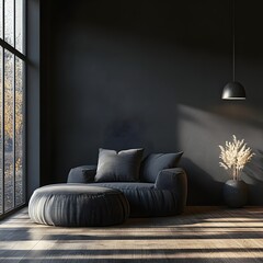 Fototapete - Home interior featuring dark room with minimal furniture and an empty wall mockup seen from a side angle highlighting the subtle textures and shadows creating a calm ambiance in this 3D render
