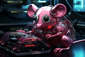 Poster - Pink metallic robot mouse using futuristic computer mouse in a high tech environment, showcasing advanced technology and innovation
