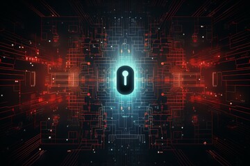 Poster - Keyhole inside computer mouse glowing over red and blue circuit board, representing cybersecurity