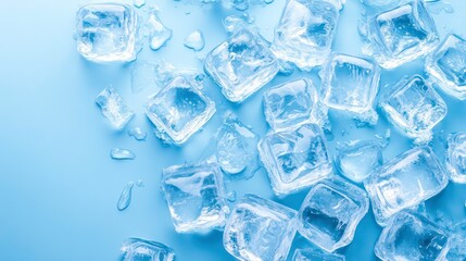 Aufkleber - Close-up of many melting ice cubes on a blue background.