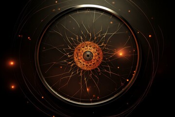 Poster - 3d render of a golden cell generating energy and surrounded by a metallic frame, creating a contrast between biological and technological concepts