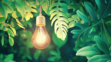 Wall Mural - Illuminated lightbulb hanging amidst lush green foliage.