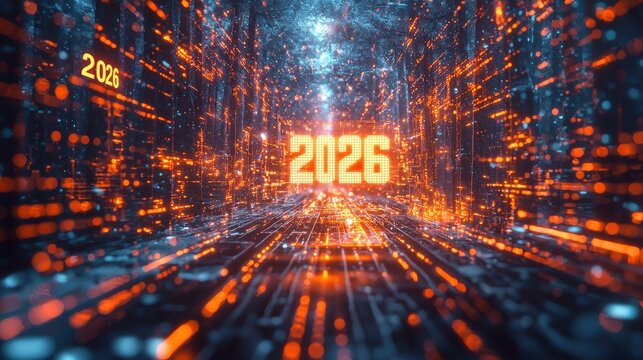 Futuristic Digital Tunnel with Holographic Elements and Glowing Numbers Representing Year 2026
